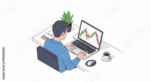 Isometric Illustration of a Stock Trader Analyzing Financial Markets on a Laptop at a Desk with Coffee and Plant