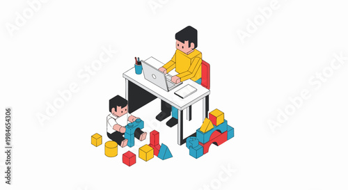 Isometric Illustration of Father Working from Home on Laptop while Son Plays with Building Blocks