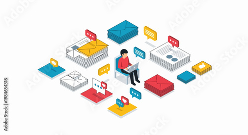 Isometric Illustration of a Person Working on a Laptop with Digital Communication Icons, Emails, and Chat Bubbles for Customer Support and Online Business Concept