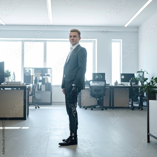 Businessman wearing robotic exoskeleton for legs in modern office, advanced medical technology, bionic support, physical rehabilitation and mobility aid