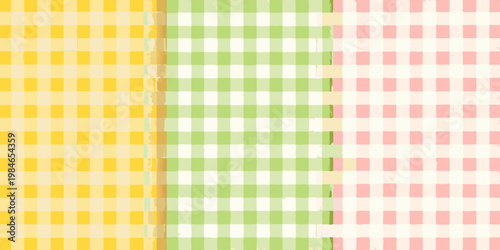 Colorful gingham patterns in yellow green and pink hues displayed
