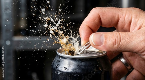 Close up of carbonated cola beverage splashing from open can