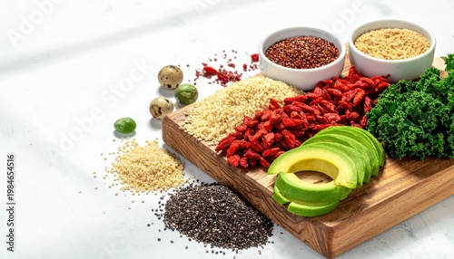 Assorted healthy superfoods on a rustic wooden board including quinoa, goji berries, avocado, and kale, ideal for nutritious diet and wellness photography