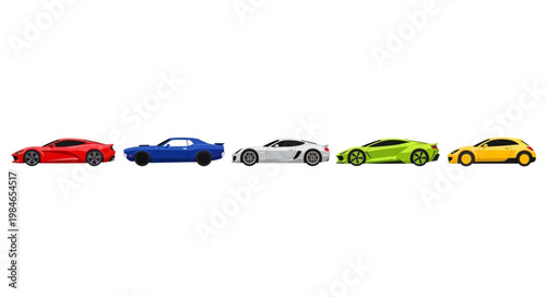 Collection of five colorful toy sports cars lined up.