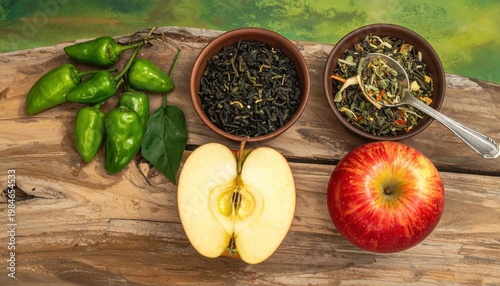 Fresh red apples, spicy green chili peppers, and assorted dry tea leaves in clay bowls on a rustic wooden table, organic food photography