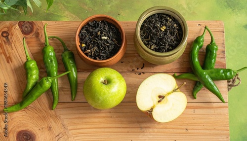 Fresh green chili peppers and apples on a rustic wooden cutting board, overhead view of healthy organic food ingredients for cooking and recipes