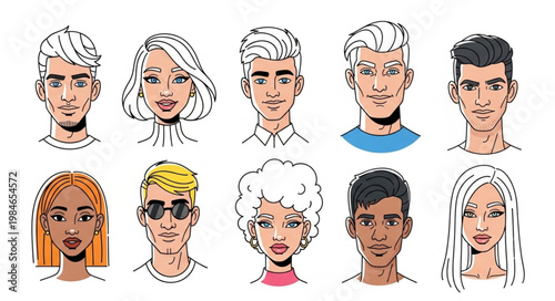 Diverse Group of People Portraits Hand Drawn Style.