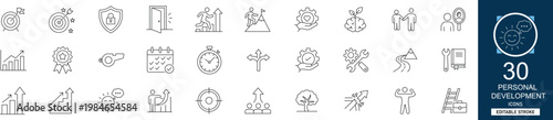 Personal development line icon set with 30 icons: growth, mindset, goal, learning, success, improvement, habit, motivation. Clean linear vector, editable stroke for wellness and education.