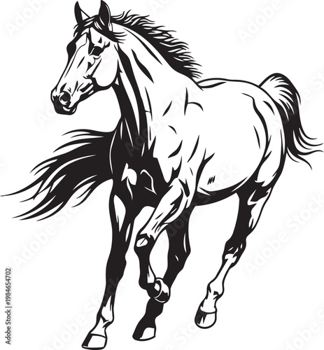 A black and white sketch of a powerful horse galloping with its mane and tail flowing.