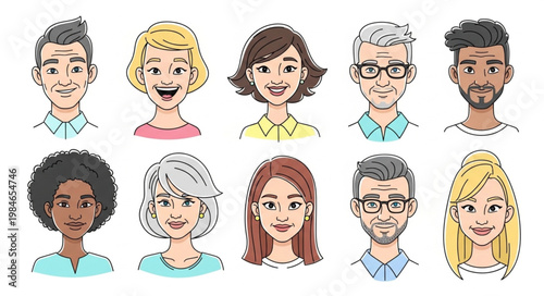 Diverse Group of People Portraits Hand Drawn Style.