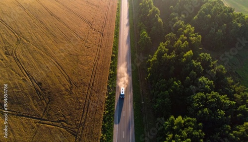 Aerial view of camper van driving on rural road between agricultural field and forest, golden hour lighting, travel and adventure journey