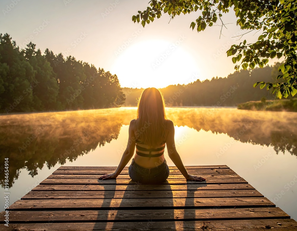 Naklejka premium Woman sits on dock, back to camera, facing a serene lake at sunrise, mist rising