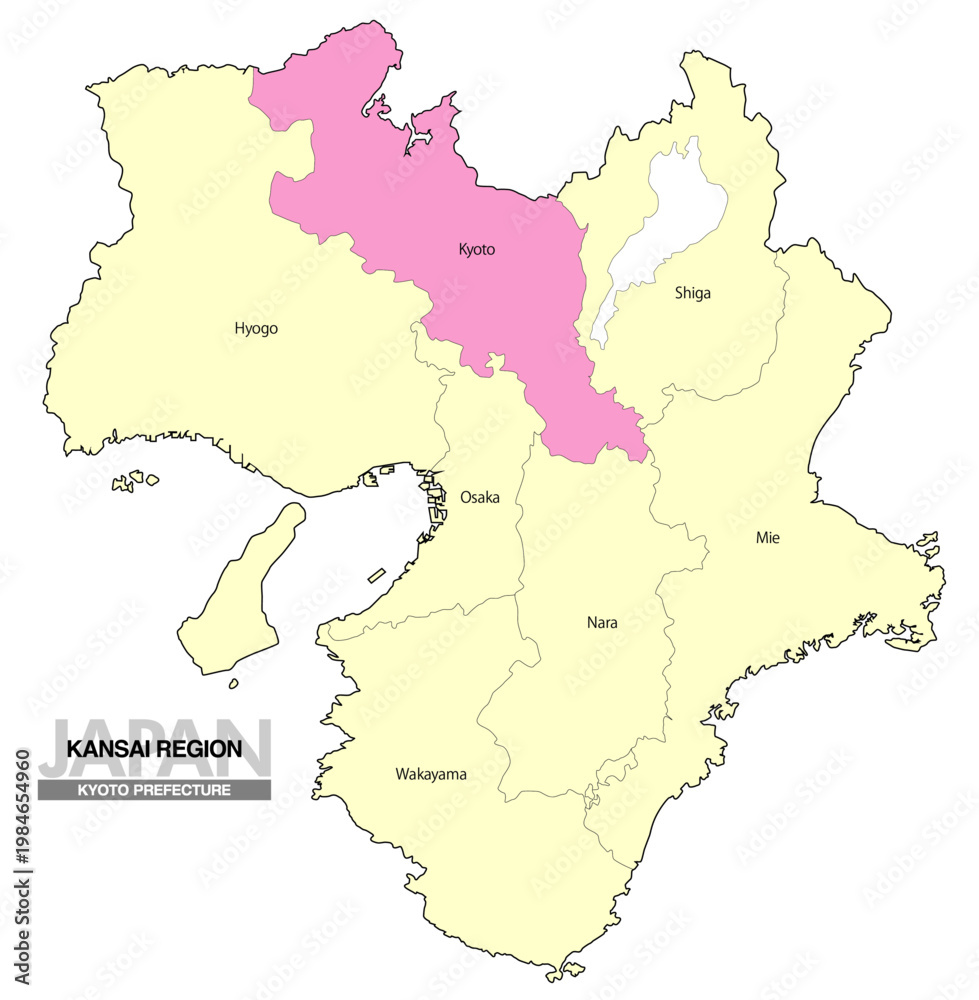 Obraz premium [日本地図] 関西地方 京都府の府県名入り位置地図 (英語)