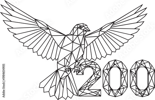 Low poly geometric illustration of a bird in flight perched above the number two hundred