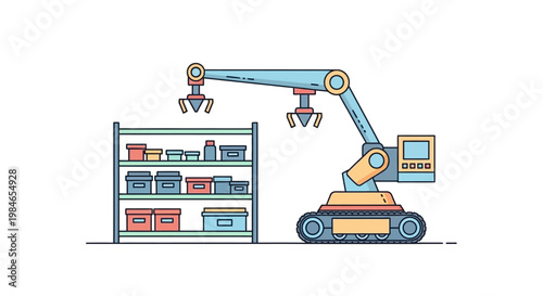 Automated robotic arm organizing and handling storage boxes on shelves.