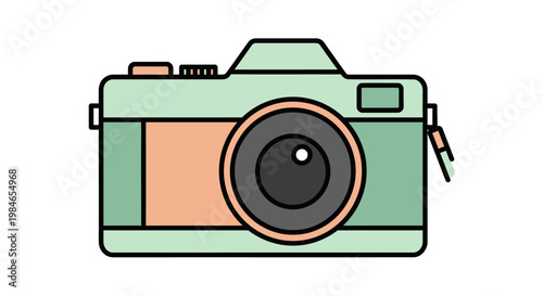 Vintage film camera with a green and beige body isolated on white background.