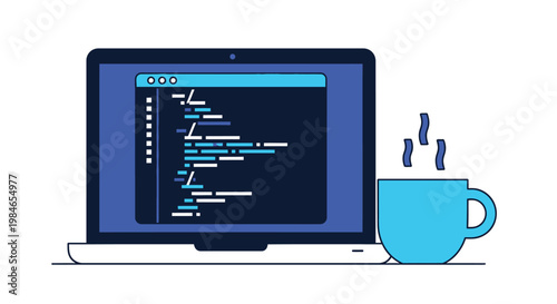 Laptop displaying code with a steaming cup of coffee on a white background