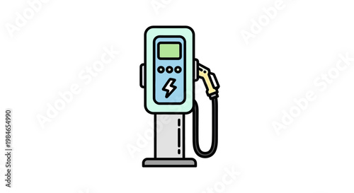 Electric vehicle charging station with digital display and charging cable.