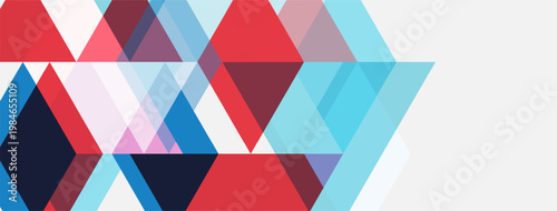 Abstract geometric shapes overlap, creating vibrant color blocks. Red, blue, pink hues dominate design. Minimalist style.