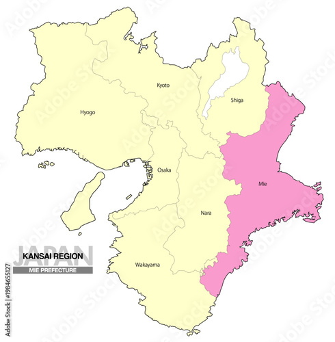 [日本地図] 関西地方 三重県の府県名入り位置地図 (英語)