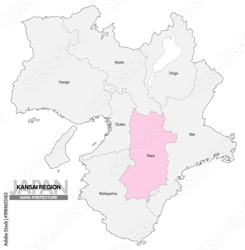 [日本地図] 関西地方 奈良県の府県名入り位置地図 (英語)