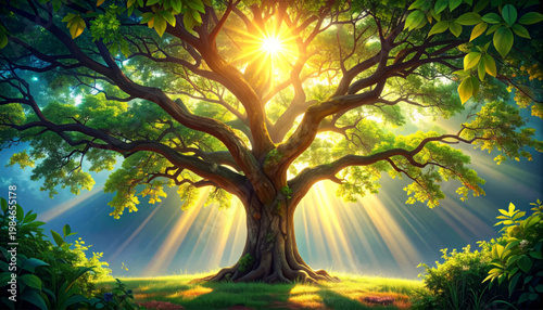 Symmetrical life tree crowned by radiant beams and vivid grass. Spiritual meadow vista conveying balance harmony plus renewal. Iconic nature illustration for wellness branding