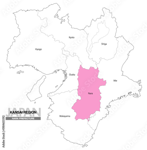 [日本地図] 関西地方 奈良県の府県名入り位置地図 (英語)
