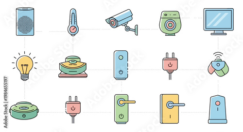 Collection of colorful electronic devices and smart home icons in flat design.