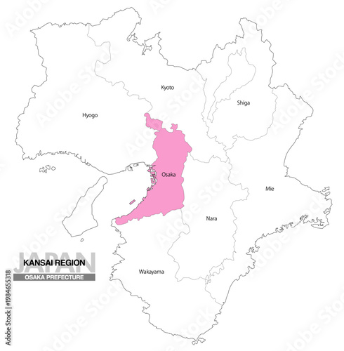 [日本地図] 関西地方の大阪府の府県名入り位置地図 (英語)