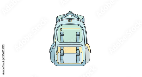 Light blue backpack with multiple compartments and straps.