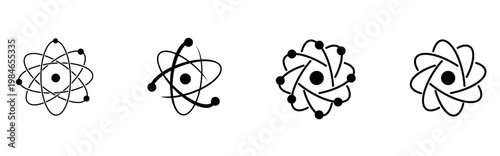 Atoms Icon Set. Atomic Structure, Molecule, Electron Orbit, Chemistry, Science, Physics, Nuclear Energy Line Icons Collection