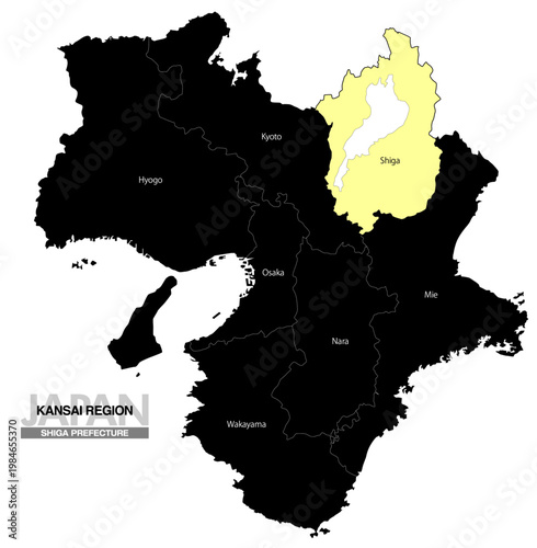 [日本地図] 関西地方 滋賀県の府県名入り位置地図 (英語)