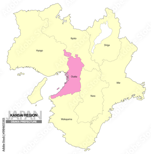 [日本地図] 関西地方の大阪府の府県名入り位置地図 (英語)