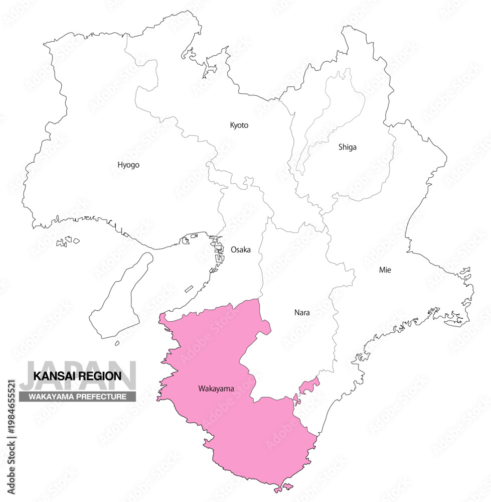 Obraz premium [日本地図] 関西地方 和歌山県の府県名入り位置地図 (英語)