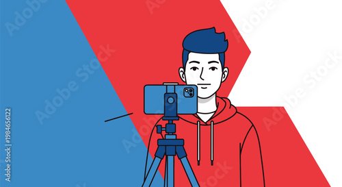 Young Male Vlogger Recording Video Content with Smartphone on Tripod for Social Media