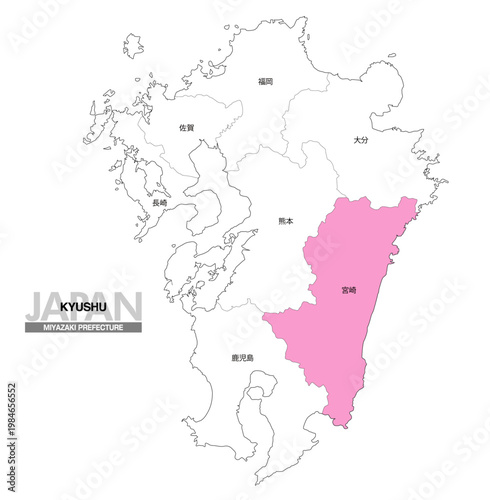 [日本地図] 九州の宮崎県の県名入り位置地図
