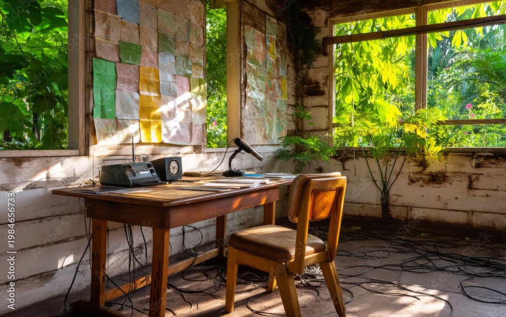 Fototapeta premium Abandoned Radio Broadcast Room in a Rural Setting Surrounded by Nature