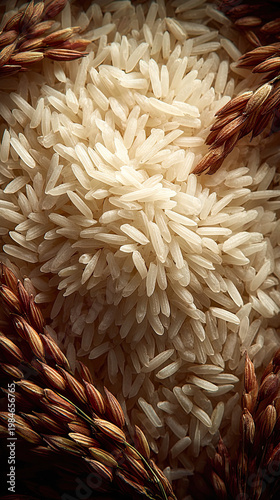 Rice grains with stalks closeup