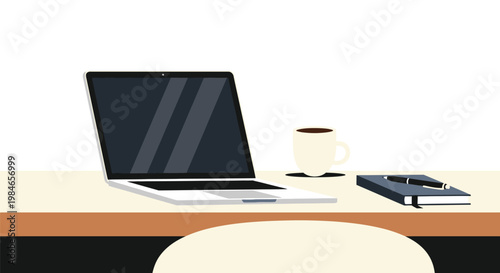 Office desk setup with laptop, coffee cup, and notebook, minimalist style