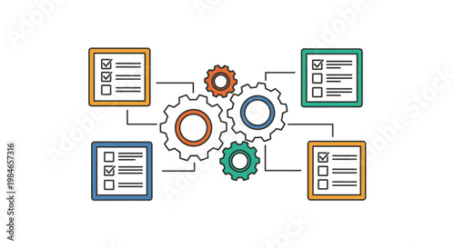 Workflow process automation and task management concept with gears and checklists