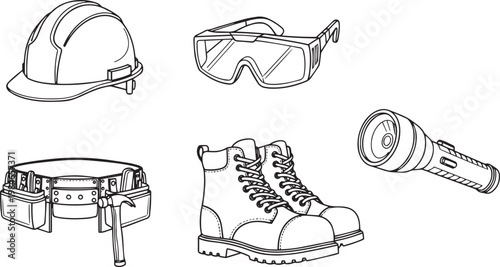 Black and white line of construction worker safety gear hard hat safety goggles work boots tool belt