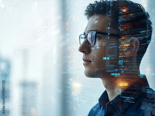 Young man in glasses with digital overlay reflecting technology and future.