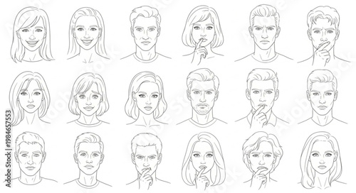 Collection of Diverse Hand Drawn Portraits in Sketch Style.