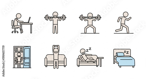 Collection of stick figure icons representing daily life activities and routines.