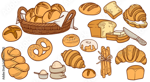 Bread in a basket, baguettes, croissants, donuts srt color variation on white background