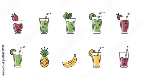 Colorful illustrations of various fruit smoothies.