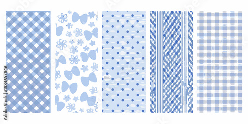 A collection of pastel blue patterned fabric swatches displayed vertically