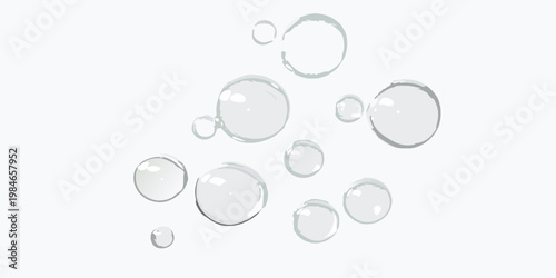 A collection of transparent soap bubbles floating on a white background