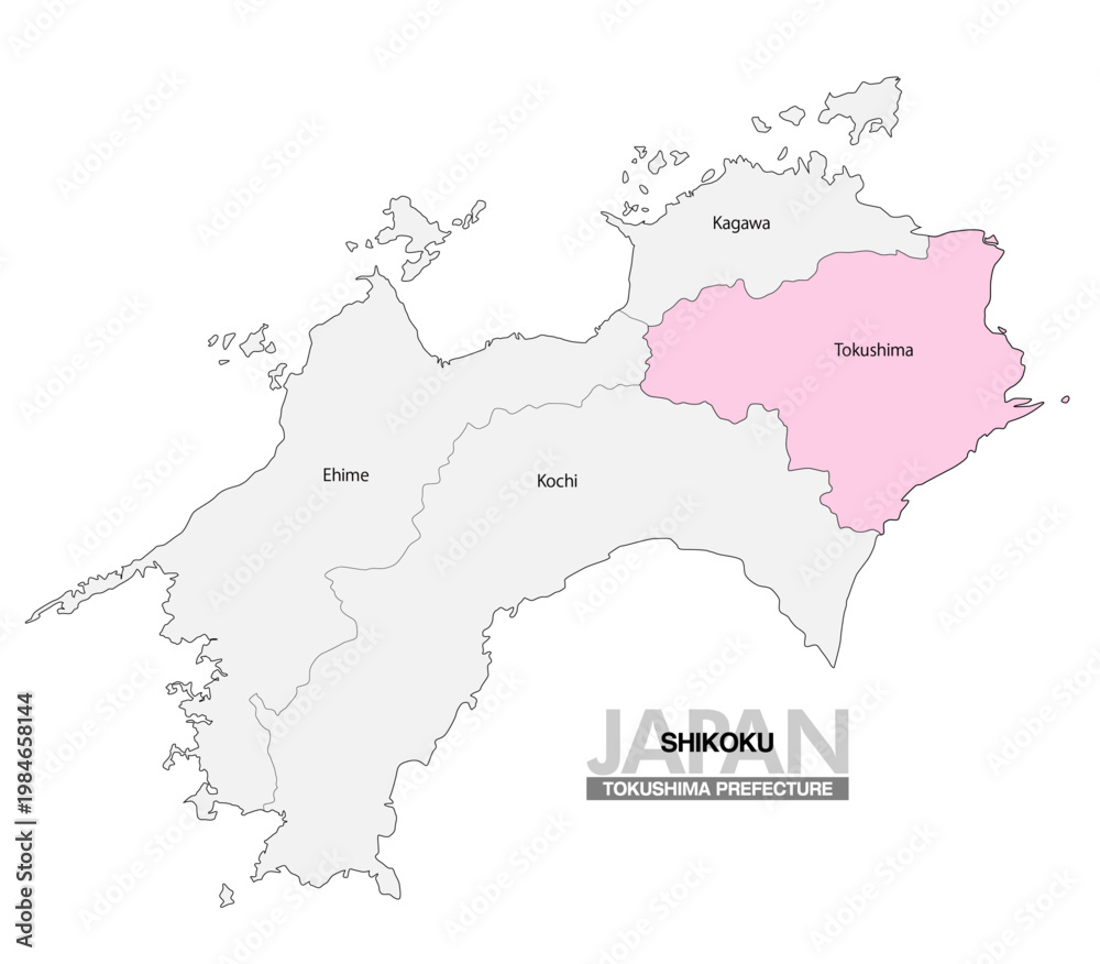 Fototapeta premium [日本地図] 四国の徳島県の県名入り位置地図 (英語)