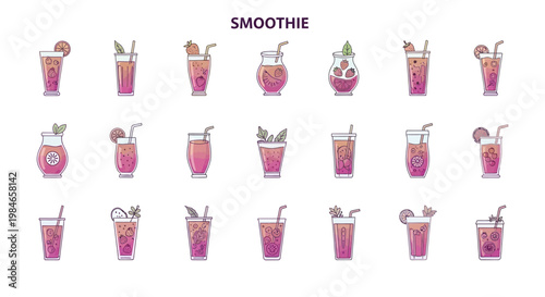 A variety of colorful smoothie illustrations.